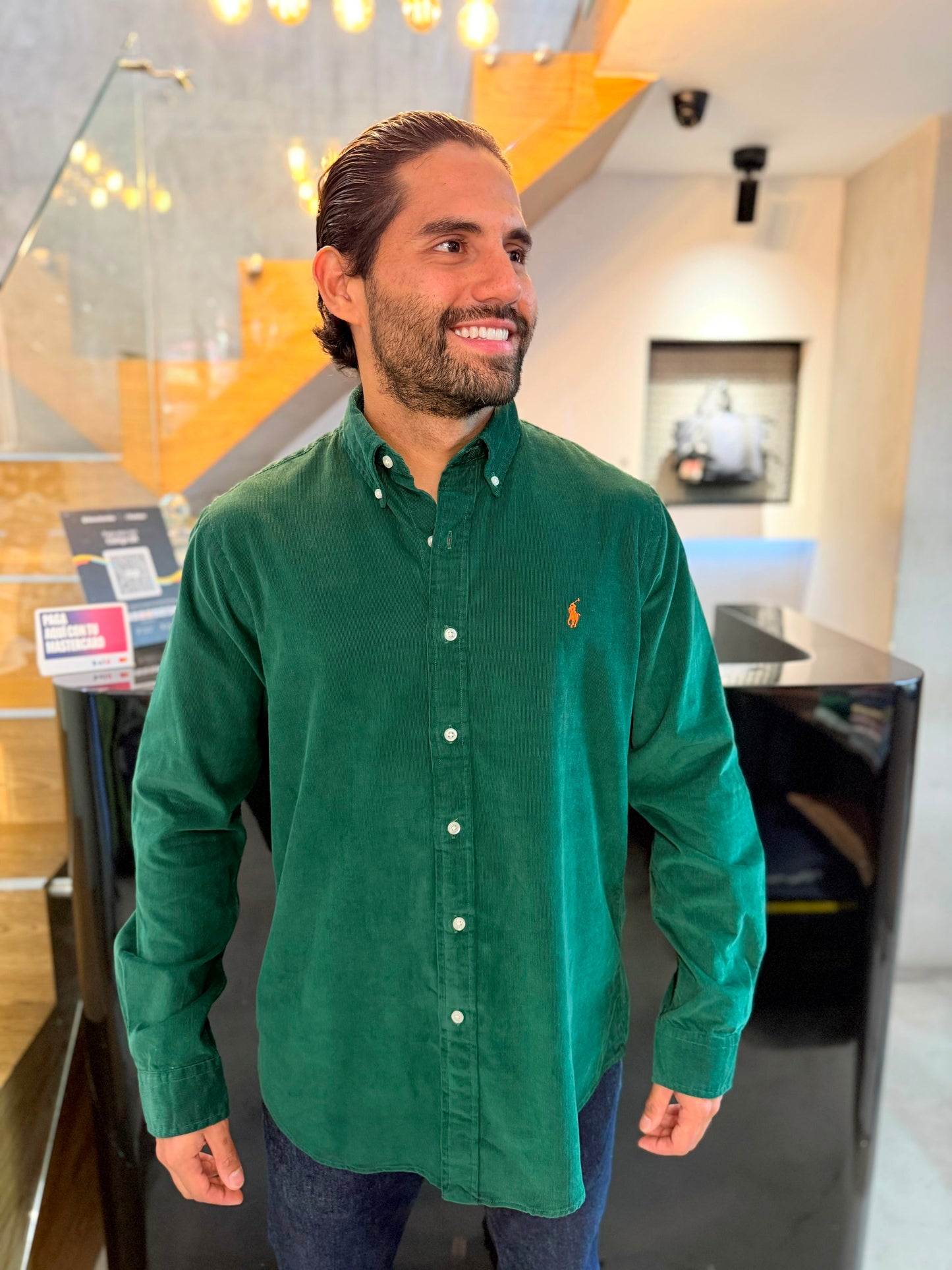 Camisa Polo R.L hombre Pana Verde Militar Caballo Naranja