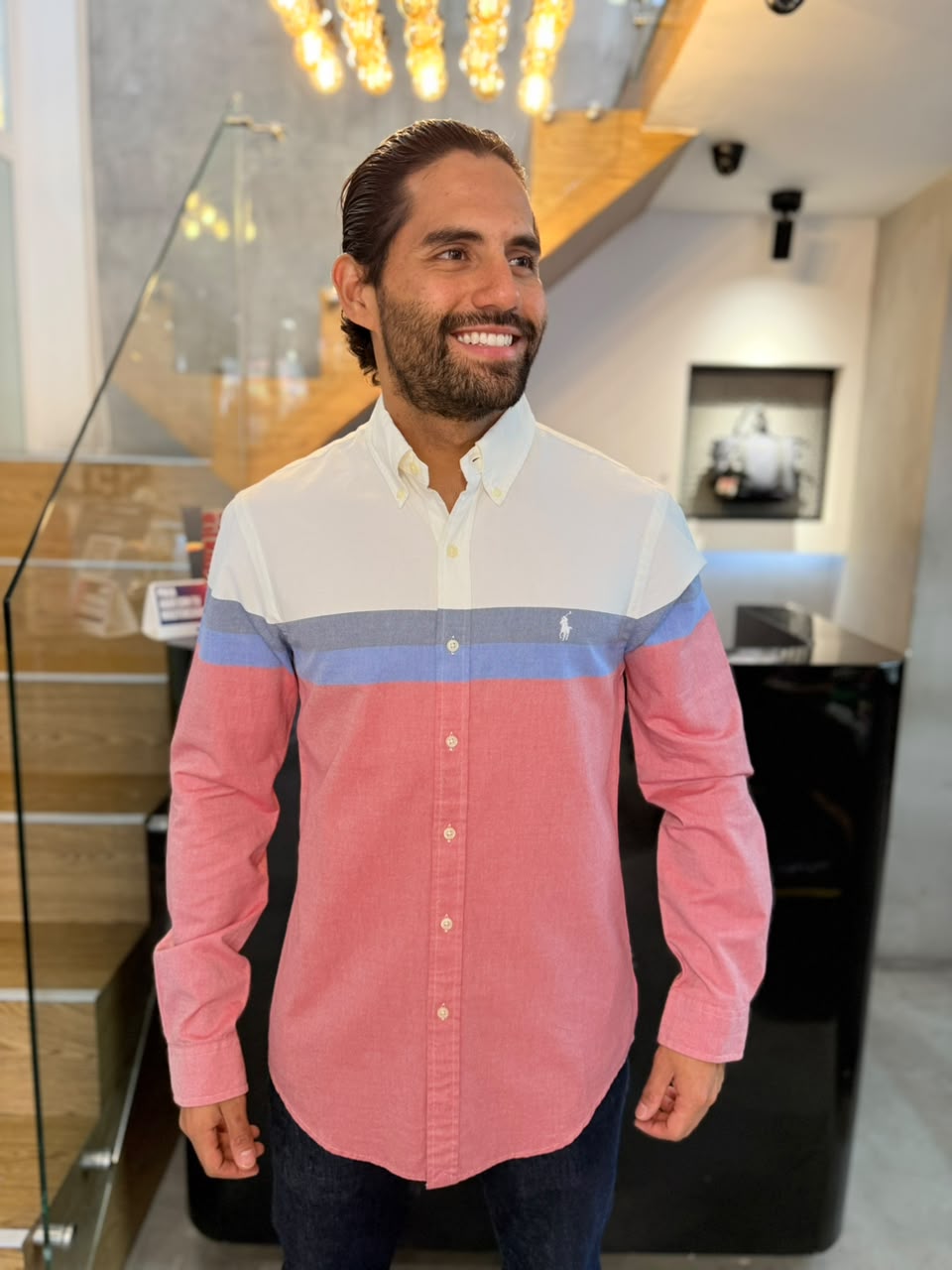 Camisa Polo R.L hombre Oxford Slim Fit Tricolor Caballo Blanco