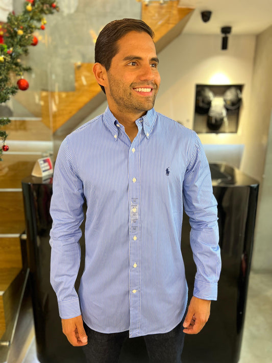 Camisa Polo R.L hombre Algodón Rayas Azules Caballo Azul