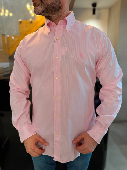 Camisa Polo R.L hombre Algodón Rayas Rosadas Con Blanco Caballo Rosado
