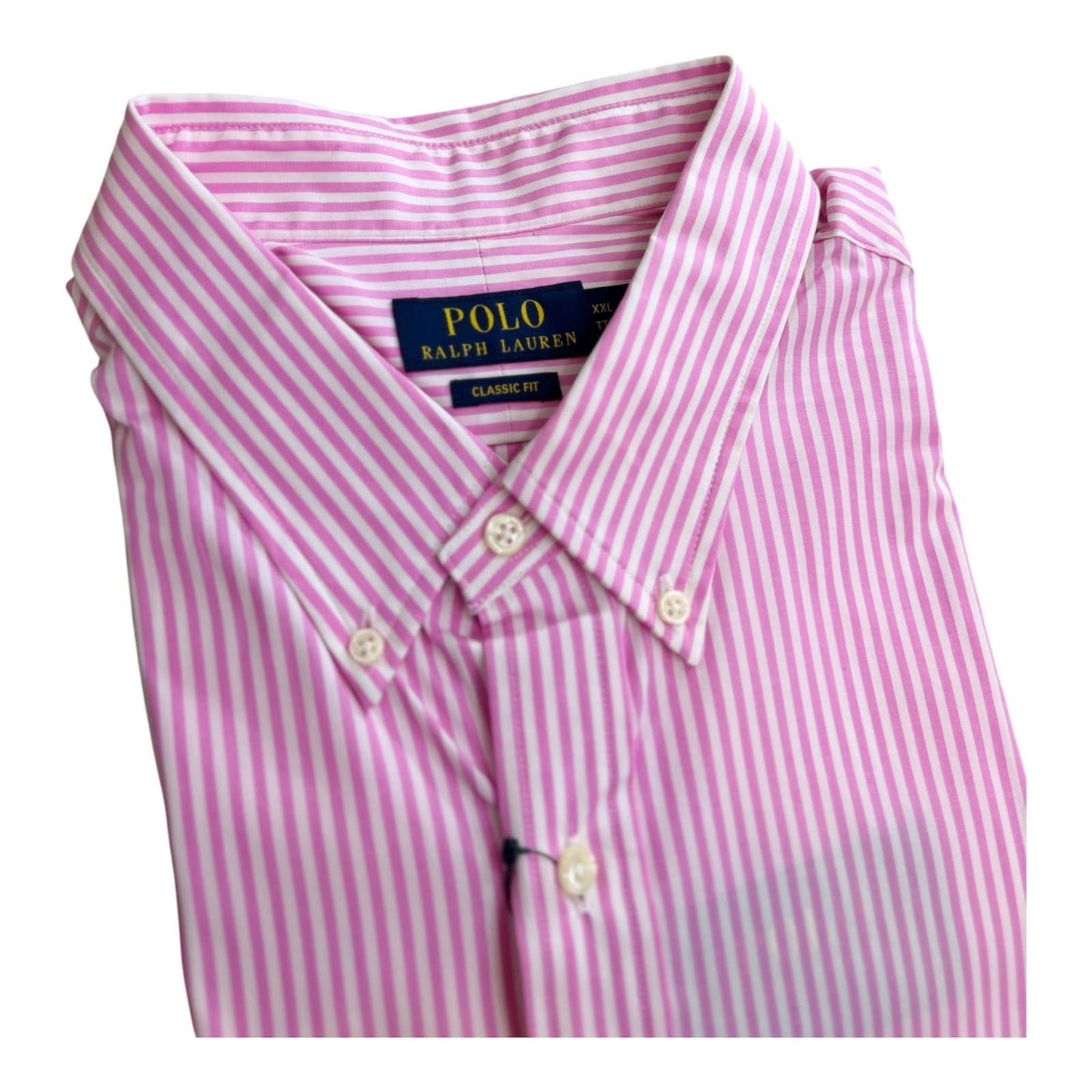 Camisa Polo R.L hombre Algodón Blanca Rayas Rosadas Caballo Azul