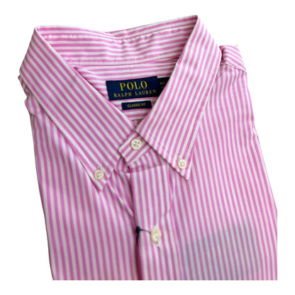 Camisa Polo R.L hombre Algodón Blanca Rayas Rosadas Caballo Azul
