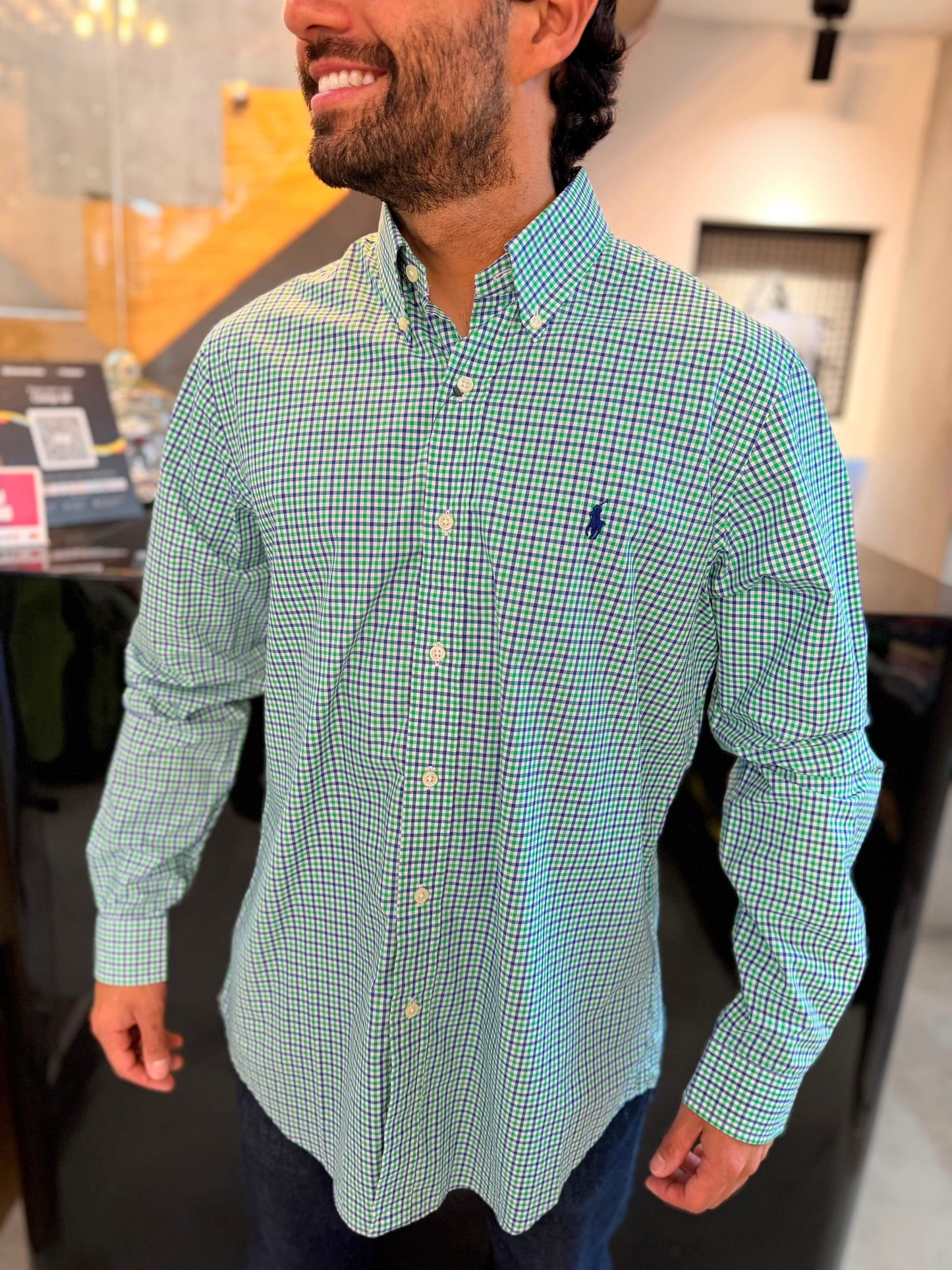 Camisa Polo R.L hombre Algodón Cuadros Verdes Con Azul Caballo Azul