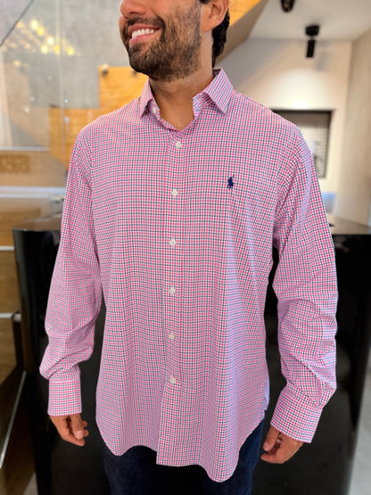 Camisa Polo R.L hombre Performance Cuadros Rosados Con Azul Caballo Azul