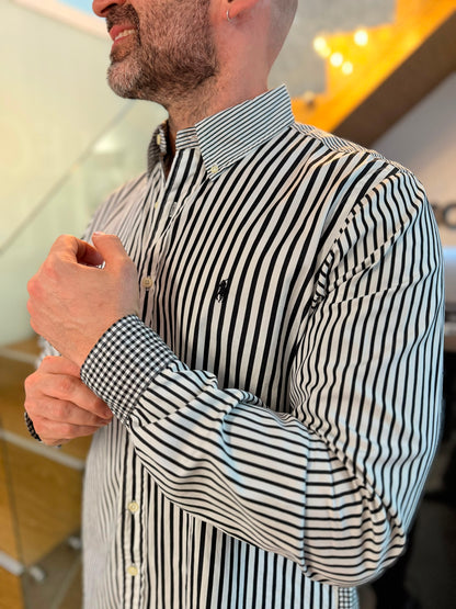 Camisa Polo R.L hombre Algodón Rayas Y Cuadros Negros Con Blanco Caballo Negro