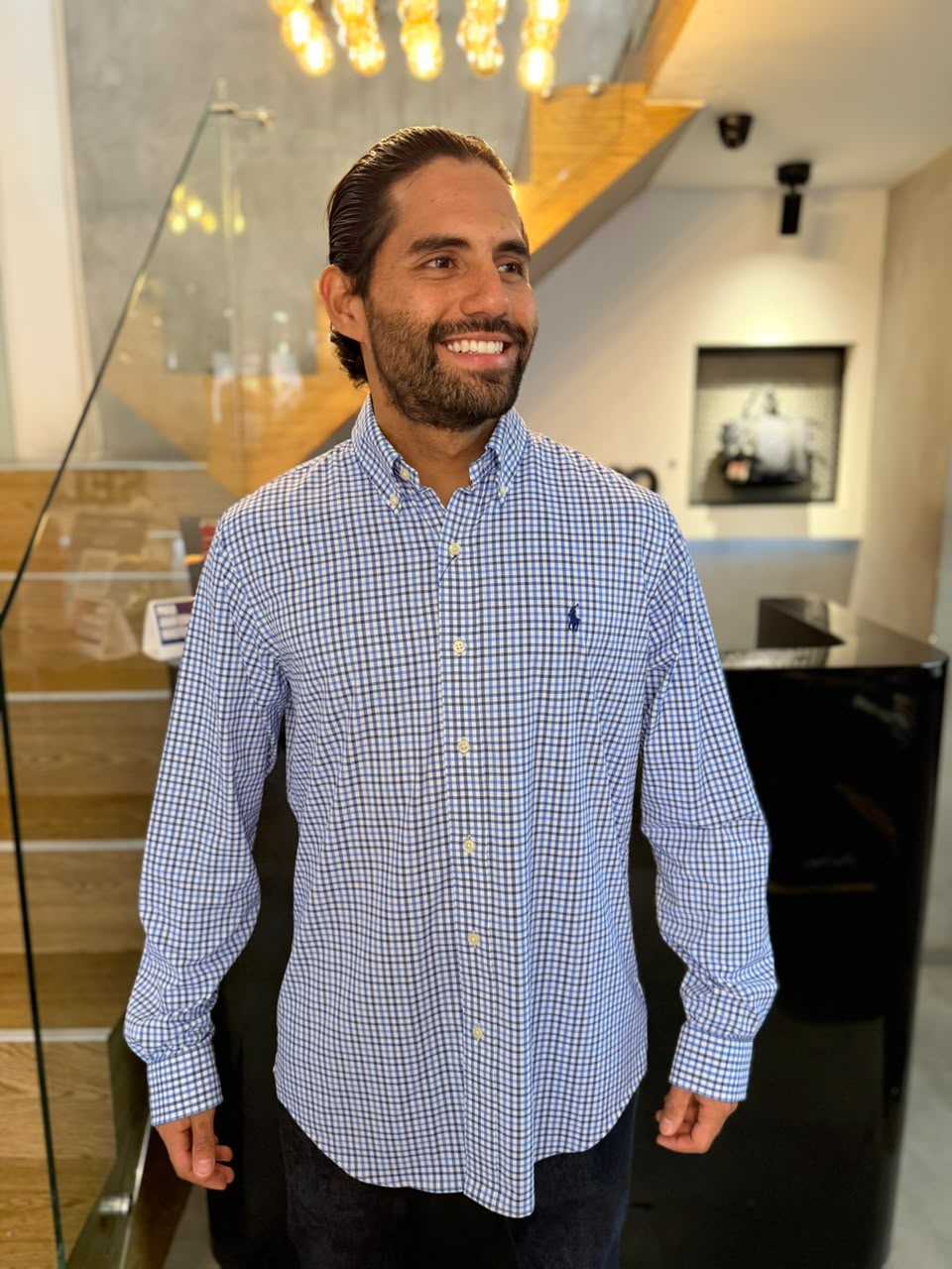 Camisa Polo R.L hombre Algodón Performance Cuadros Azules Con Blanco Caballo Azul
