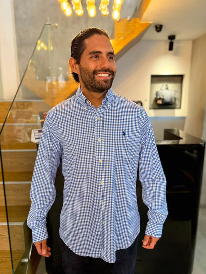 Camisa Polo R.L hombre Algodón Performance Cuadros Azules Con Blanco Caballo Azul