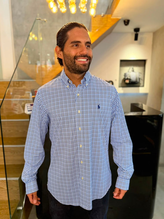 Camisa Polo R.L hombre Algodón Performance Cuadros Azules Con Blanco Caballo Azul