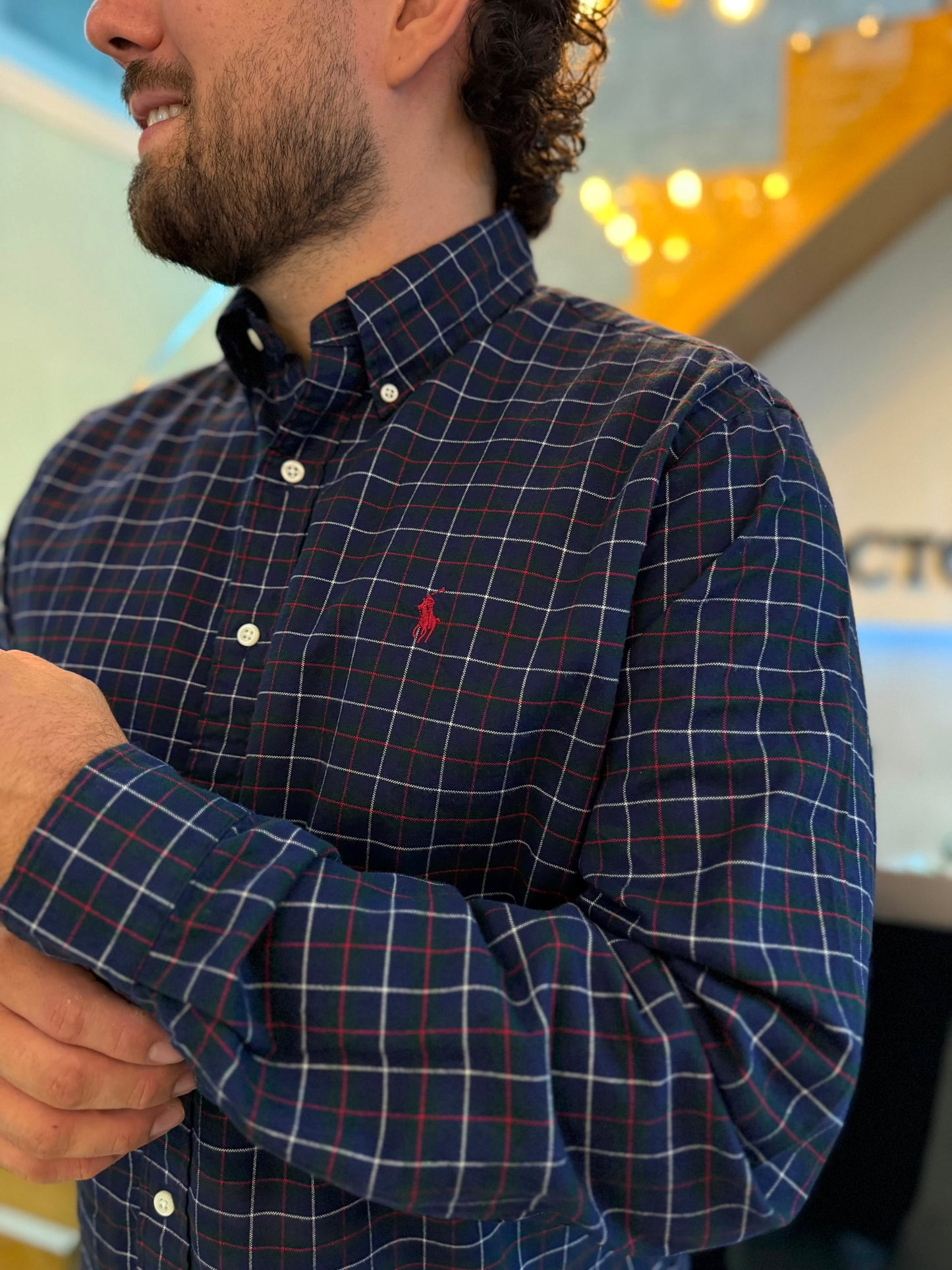 Camisa Polo R.L hombre Algodon Cuadros Azules Caballo Rojo