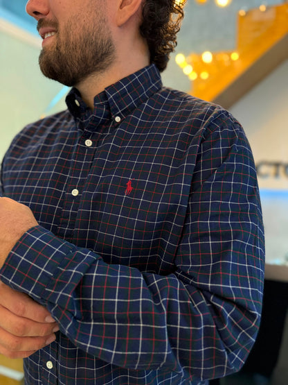 Camisa Polo R.L hombre Algodon Cuadros Azules Caballo Rojo