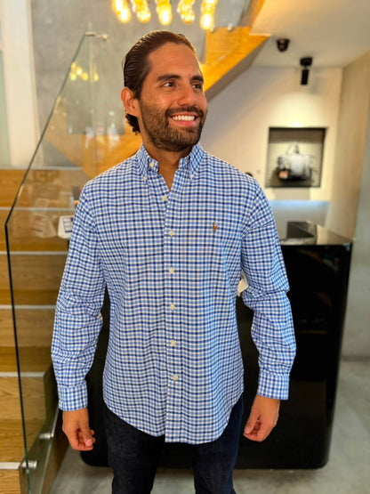 Camisa Polo R.L hombre Oxford Cuadros Azules con Blanco Caballo Multicolor