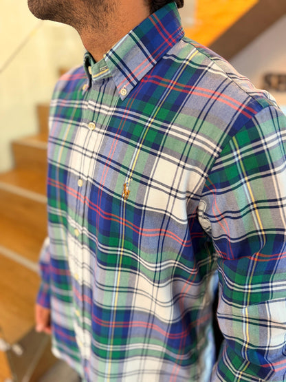 Camisa Polo R.L hombre Oxford Cuadros Verdes con Blanco Caballo Multicolor