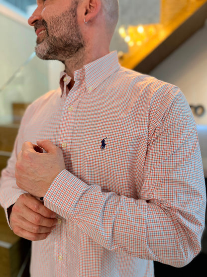 Camisa Polo R.L hombre Algodón Custom Fit Cuadros Naranjas Caballo Azul