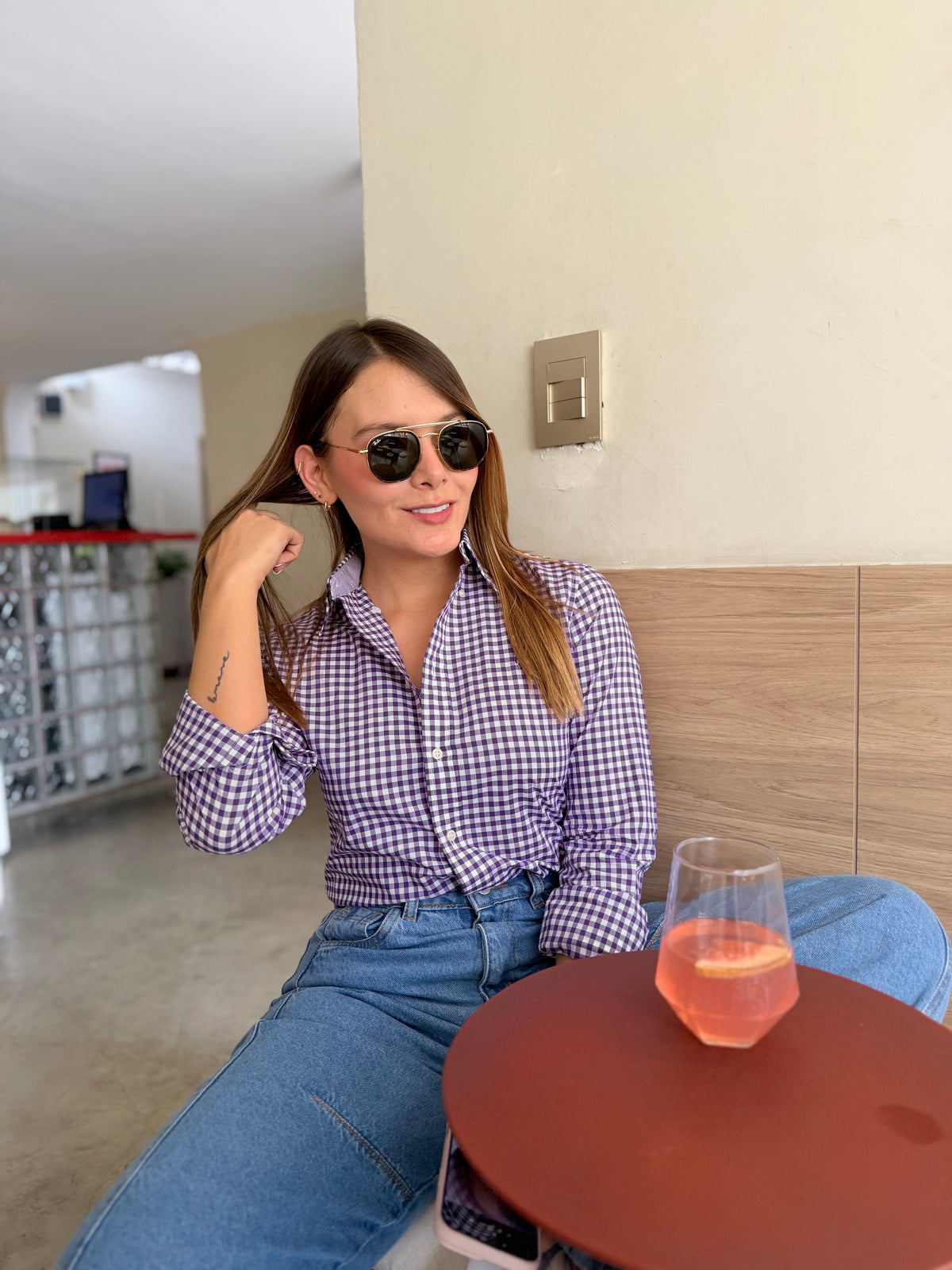 Camisa Polo R.L Dama Algodón Cuadros Morado Caballo Morado