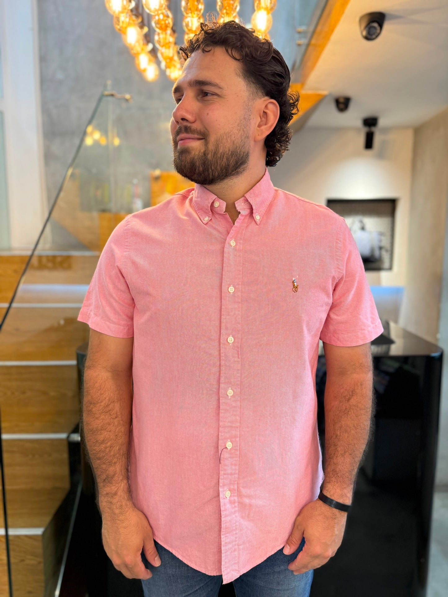 Camisa Polo R.L hombre Oxford   Manga Corta Rosada Caballo Multicolor