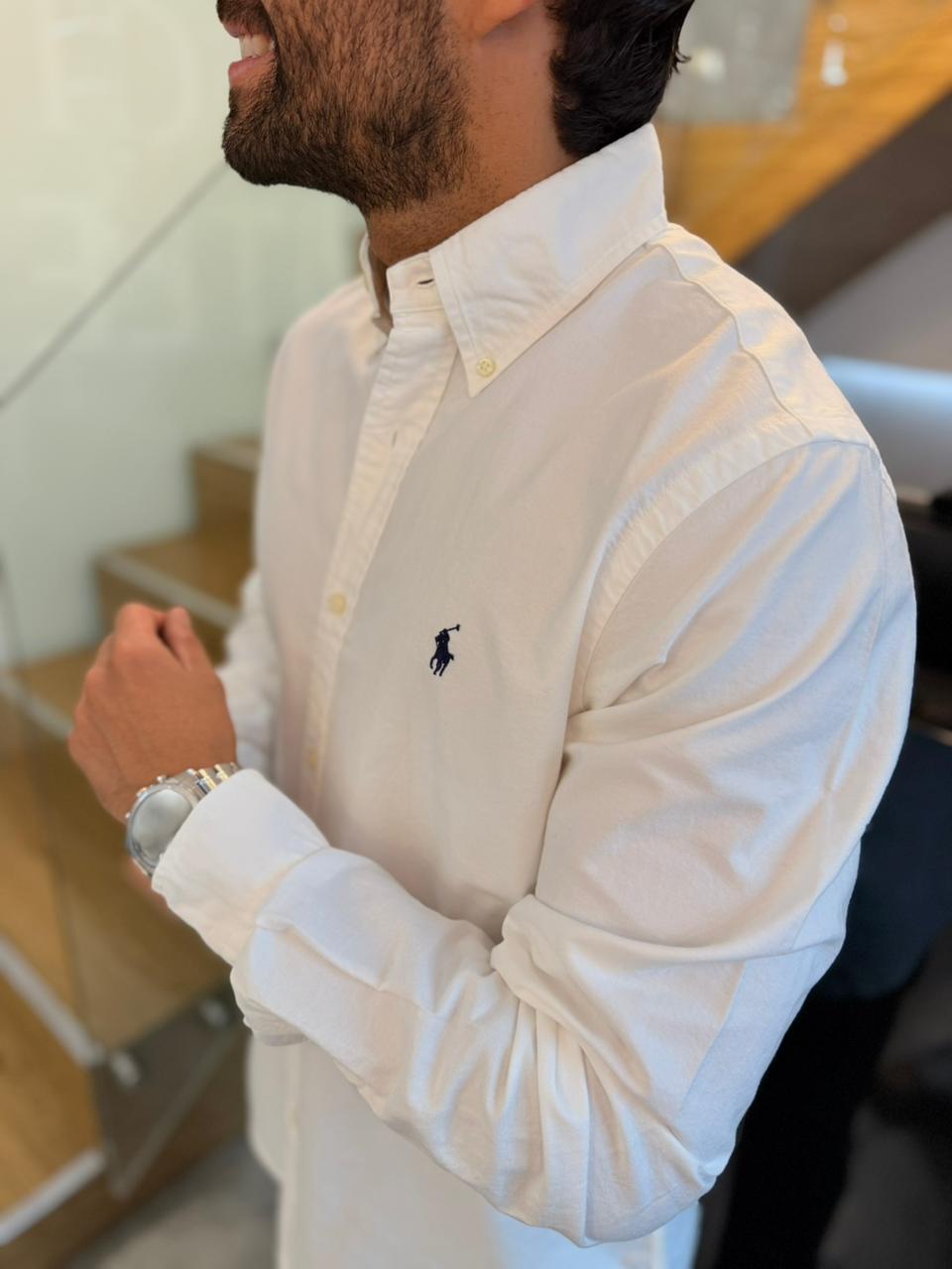 Camisa Polo R.L hombre Oxford Blanca Caballo Azul