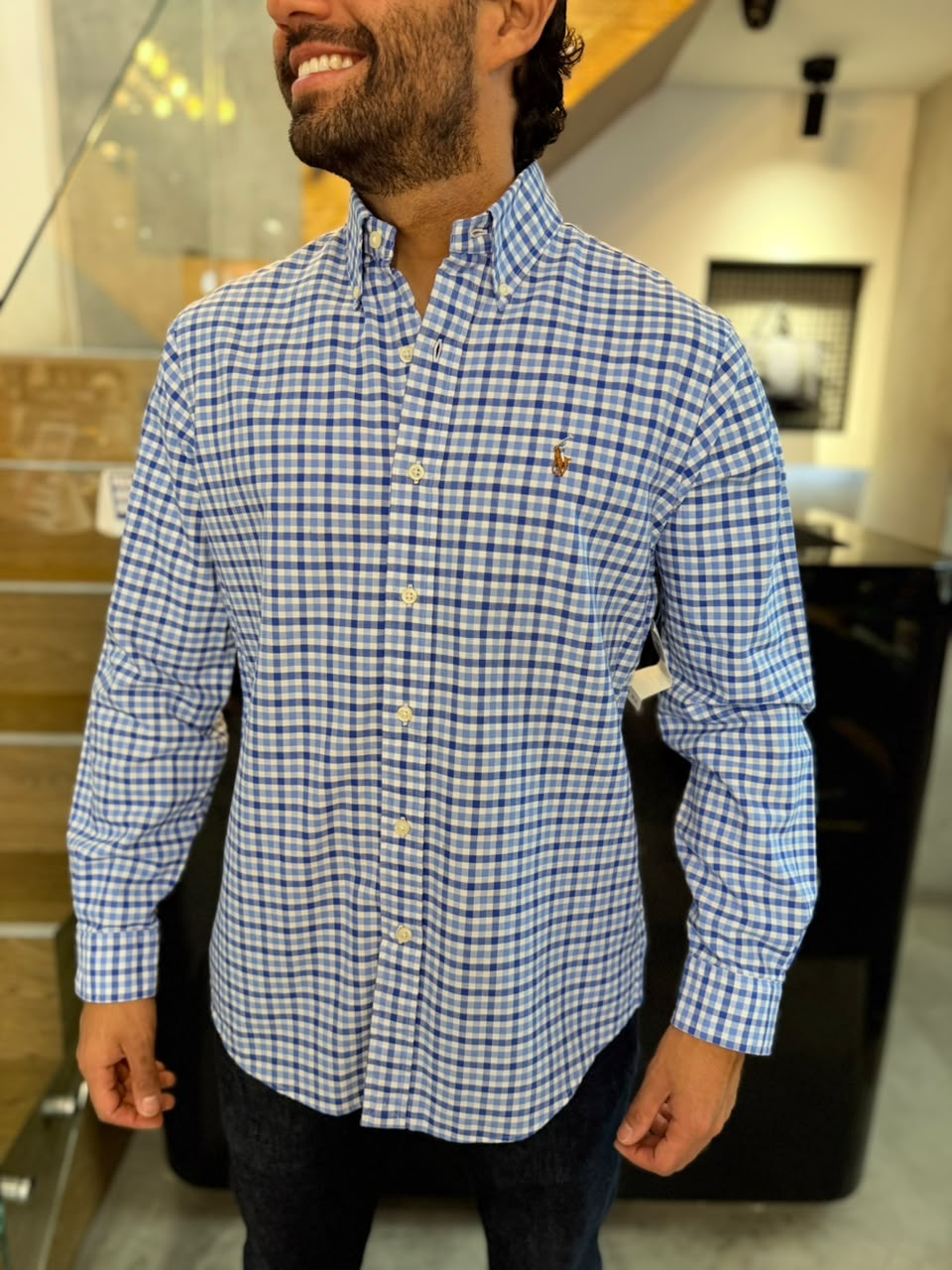 Camisa Polo R.L hombre Oxford Cuadros Azules con Blanco Caballo Multicolor