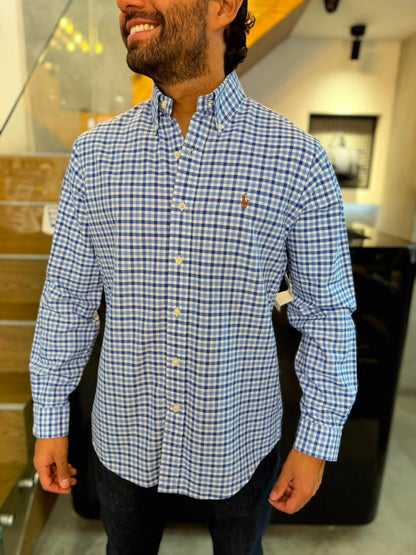 Camisa Polo R.L hombre Oxford Cuadros Azules con Blanco Caballo Multicolor