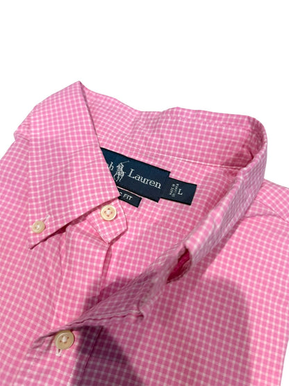 Camisa Polo R.L hombre Algodón Cuadros Rosados Caballo Celeste