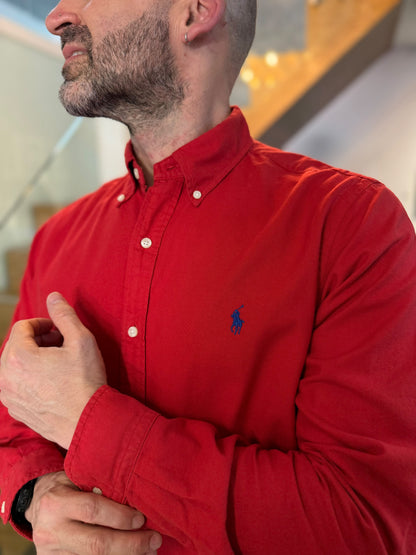 Camisa Polo R.L hombre Oxford Roja Caballo Azul