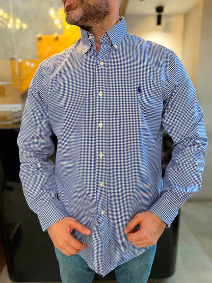 Camisa Polo R.L hombre Algodón Cuadros Azules Con Blanco Caballo Azul