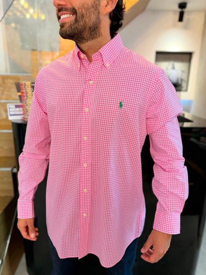 Camisa Polo R.L hombre Algodón Cuadros Rosados Con Blanco Caballo Verde
