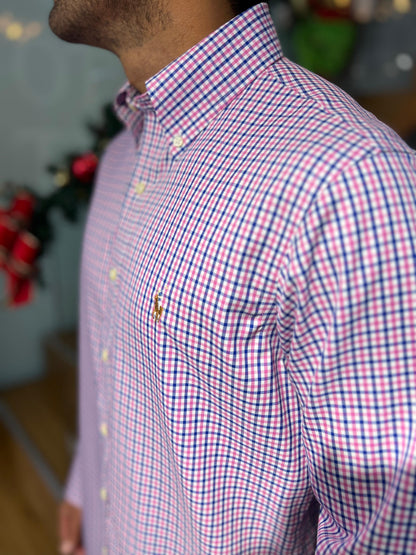 Camisa Polo R.L hombre Algodón Cuadros Rosados con Azul