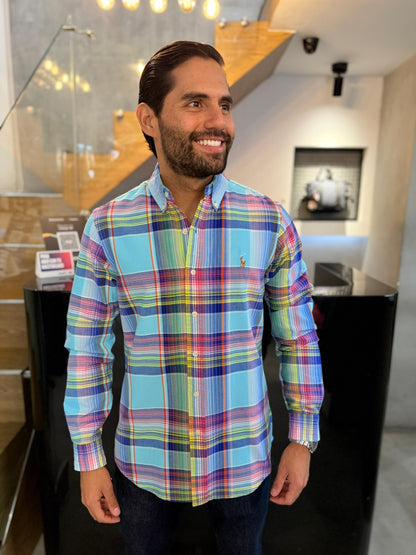 Camisa Polo R.L hombre Oxford Cuadros Celestes y Colores  Caballo Multicolor