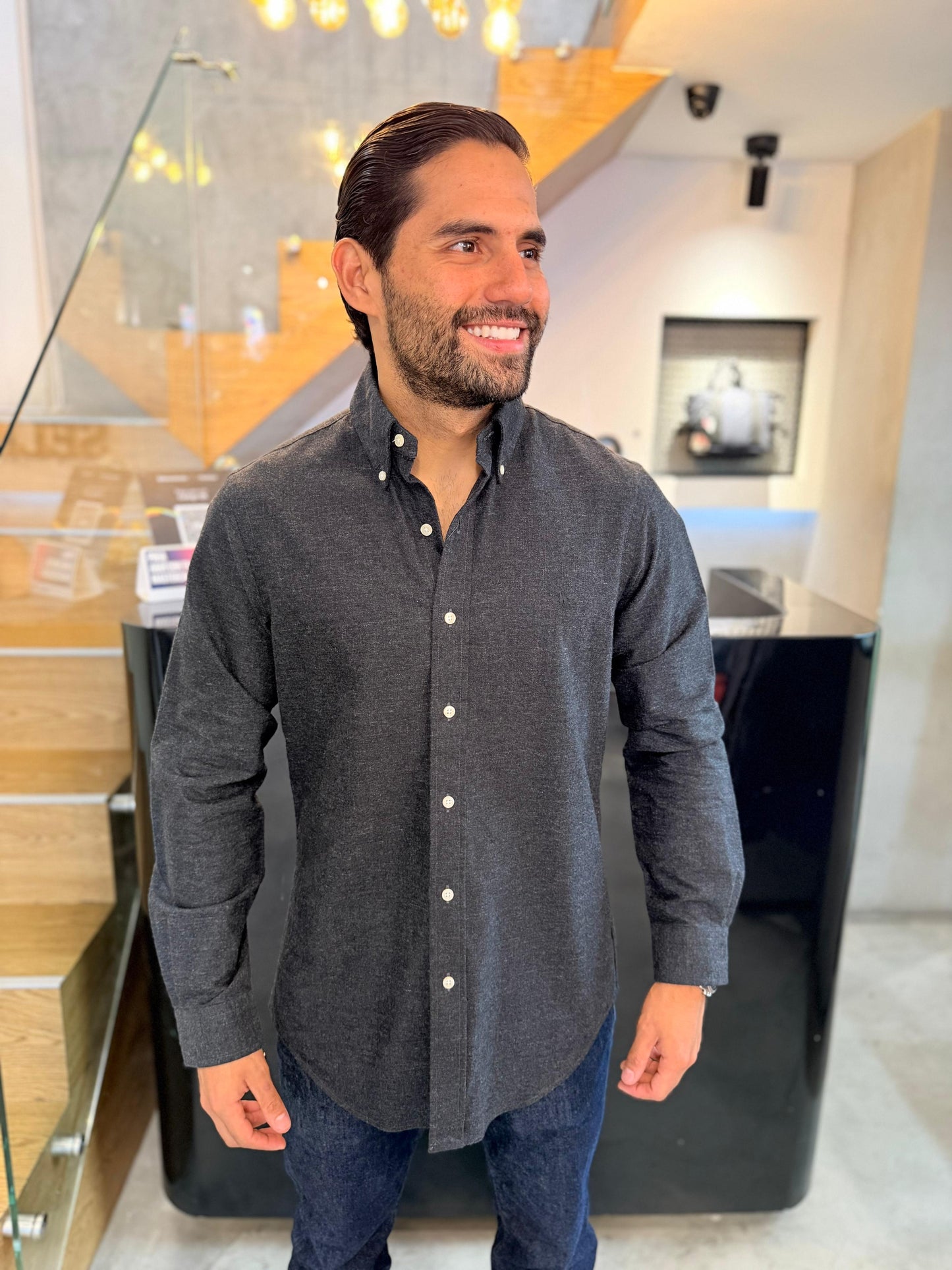 Camisa Polo R.L hombre Algodón Negra Ceniza Caballo Negro