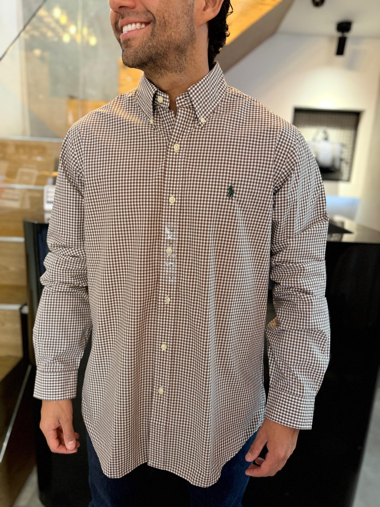 Camisa Polo R.L hombre Algodón Cuadros Cafe Caballo Verde