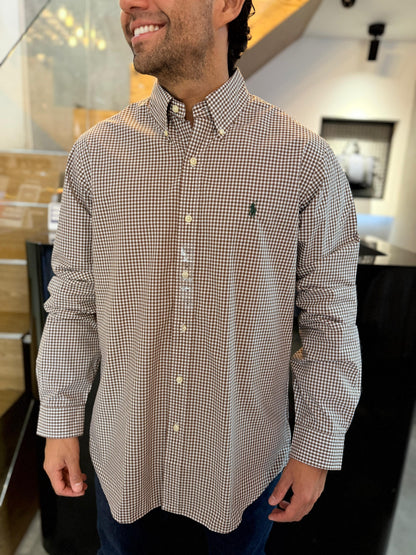 Camisa Polo R.L hombre Algodón Cuadros Cafe Caballo Verde