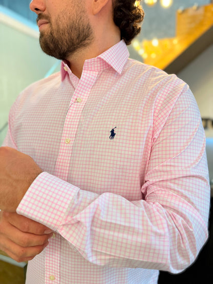 Camisa Polo R.L hombre Algodón Custom Fit Cuadros Blancos Caballo Azul
