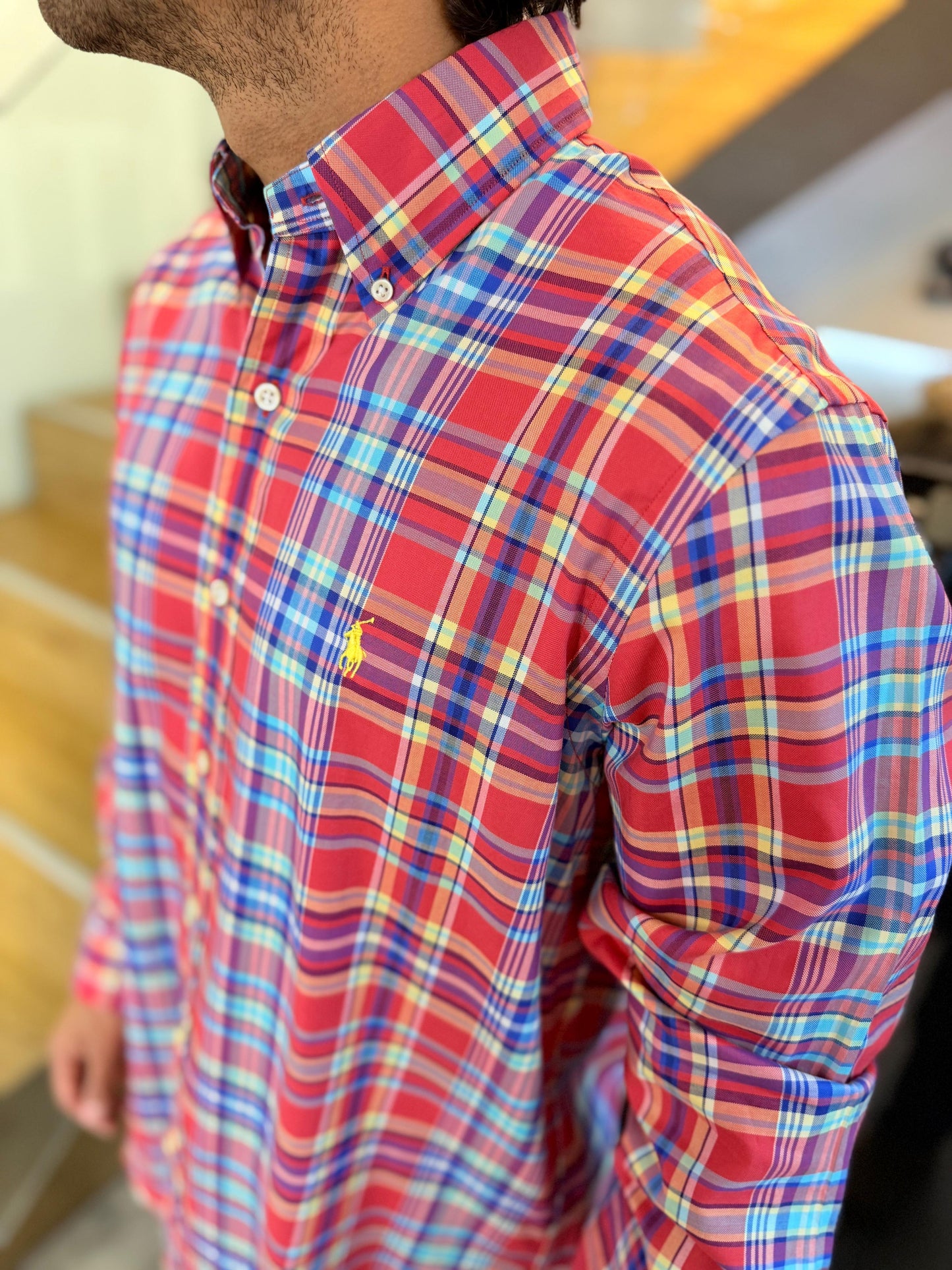 Camisa Polo R.L hombre Algodón Cuadros Rojos con Azul Caballo Amarillo