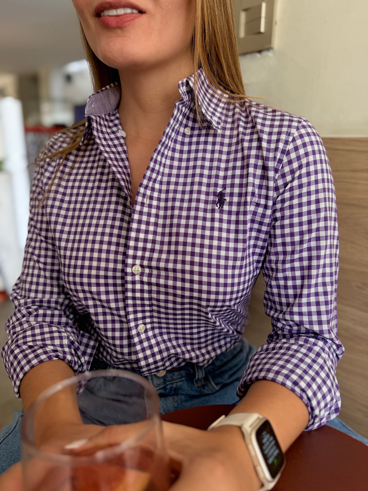 Camisa Polo R.L Dama Algodón Cuadros Morado Caballo Morado