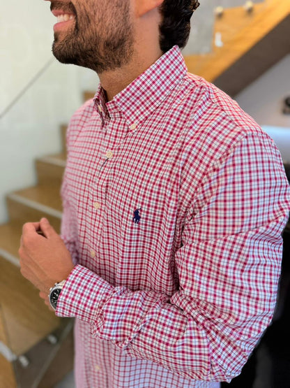 Camisa Polo R.L hombre Performance Cuadros Rosados Caballo Azul