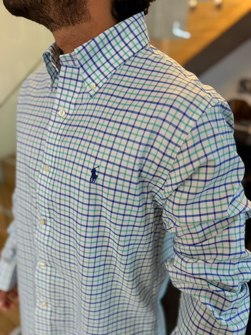 Camisa Polo R.L hombre Algodón Custom Fit Cuadros Blancos Con Verde Caballo Azul