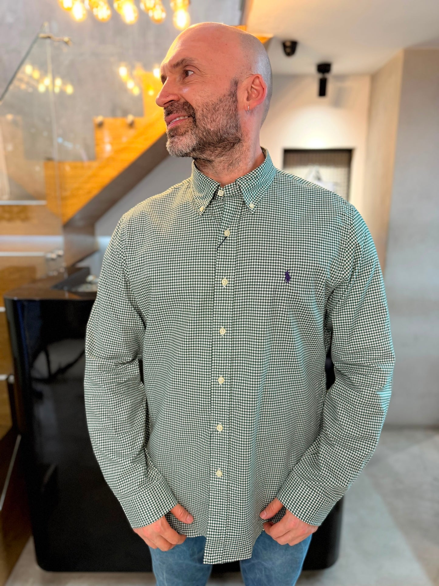Camisa Polo R.L hombre Algodón Cuadros Verdes Con Blanco Caballo Morado