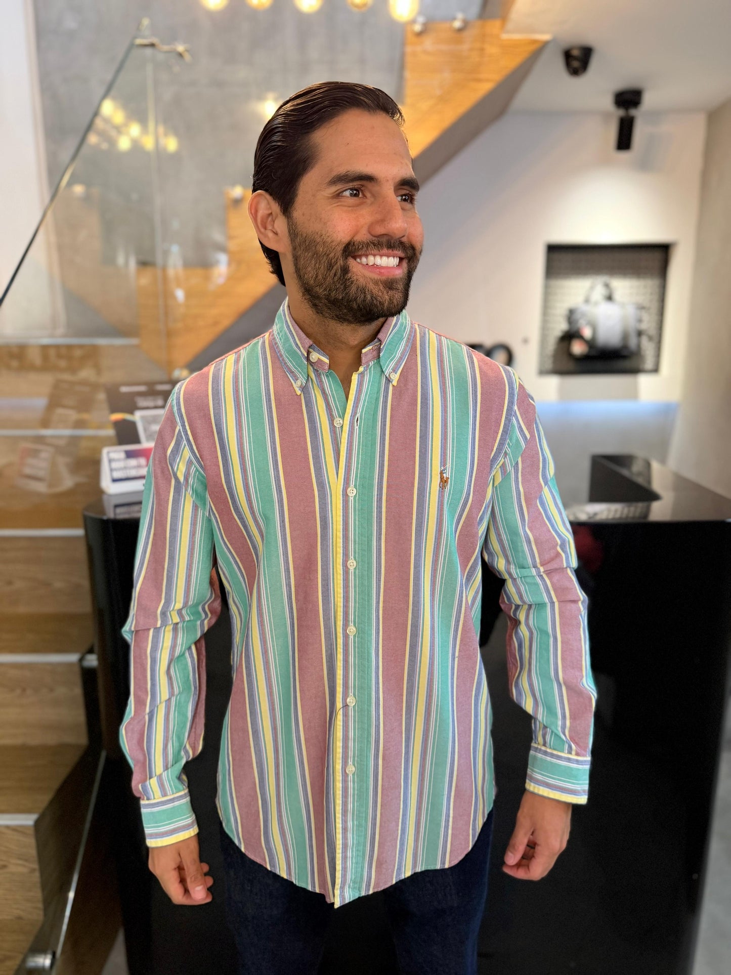 Camisa Polo R.L hombre Oxford Rayas Colores Caballo Multicolor
