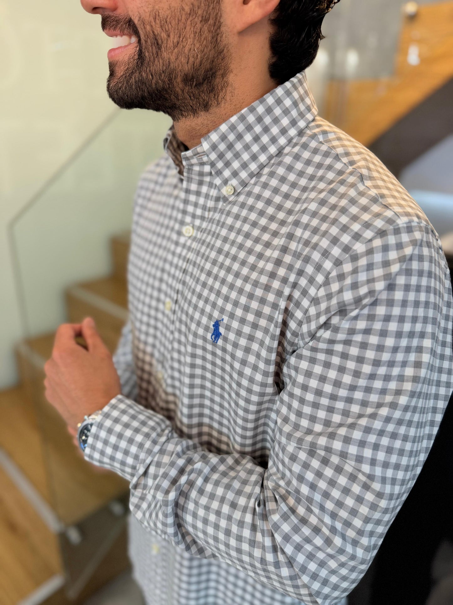Camisa Polo R.L hombre Algodón Cuadros Grises Con Blanco Caballo Celeste