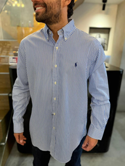 Camisa Polo R.L hombre Algodón Rayas Azules Con Blanco Caballo Azul