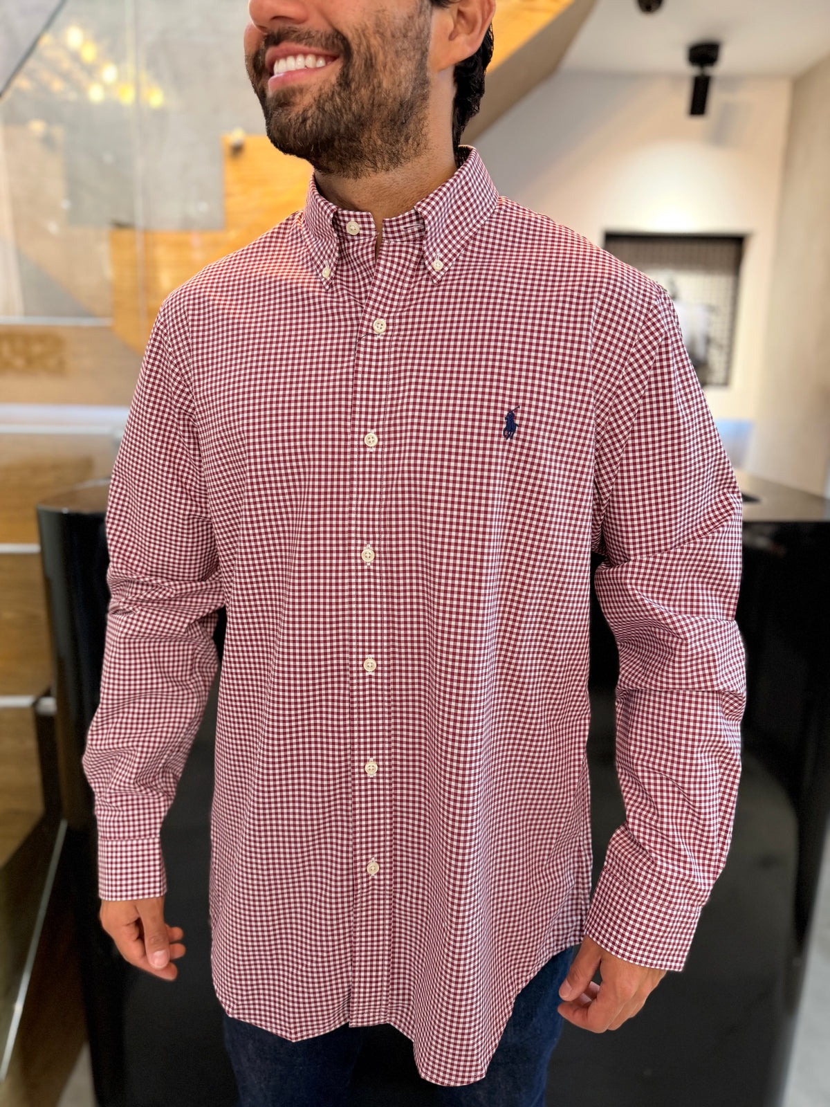 Camisa Polo R.L hombre Algodón Cuadros Vinotinto Con Blanco Caballo Azul