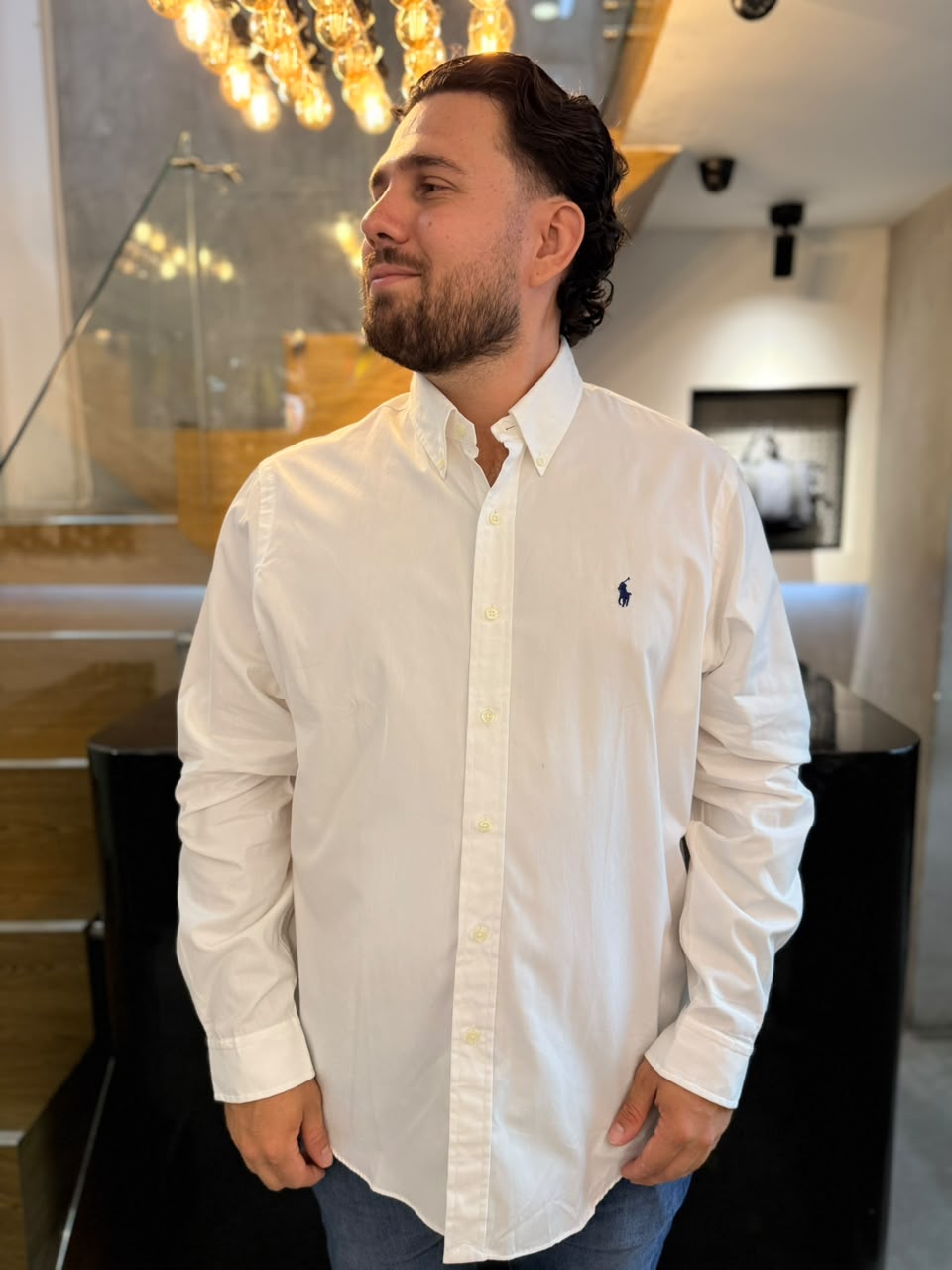 Camisa Polo R.L hombre Algodón Blanca Caballo Azul