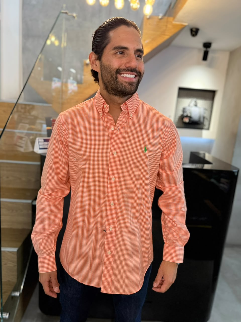 Camisa Polo R.L hombre Algodón Cuadros Naranjas Con Blanco Caballo Verde