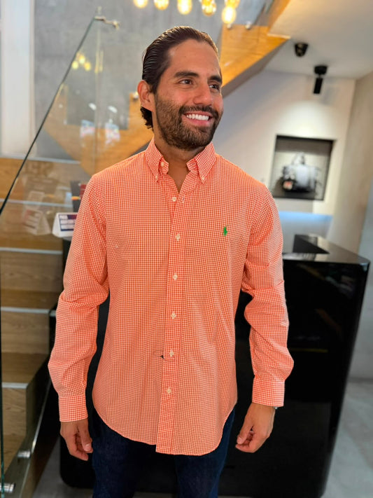 Camisa Polo R.L hombre Algodón Cuadros Naranjas Con Blanco Caballo Verde