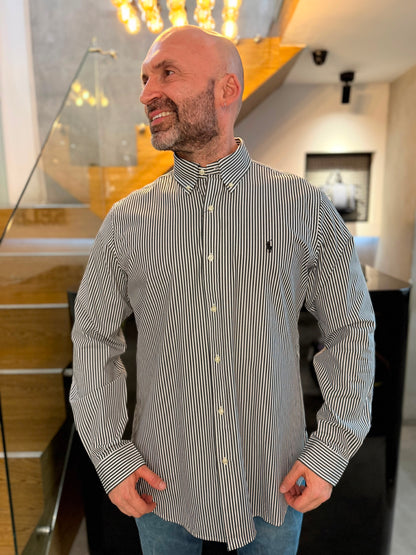 Camisa Polo R.L hombre Algodón Rayas Negras Con Blanco Caballo Negro