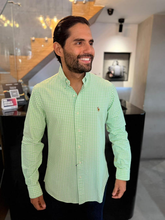 Camisa Polo R.L hombre Oxford Cuadros Verdes Caballo Multicolor