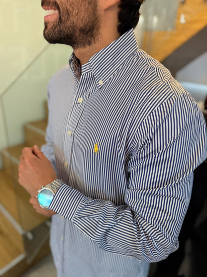 Camisa Polo R.L hombre Algodón Rayas Azules Caballo Amarillo