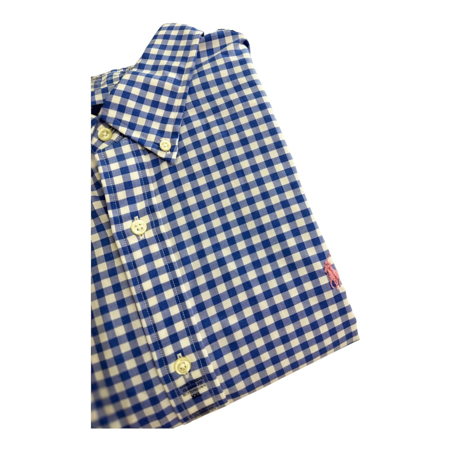 Camisa Polo R.L hombre Algodón Cuadros Celestes Con Blanco Caballo Rosa