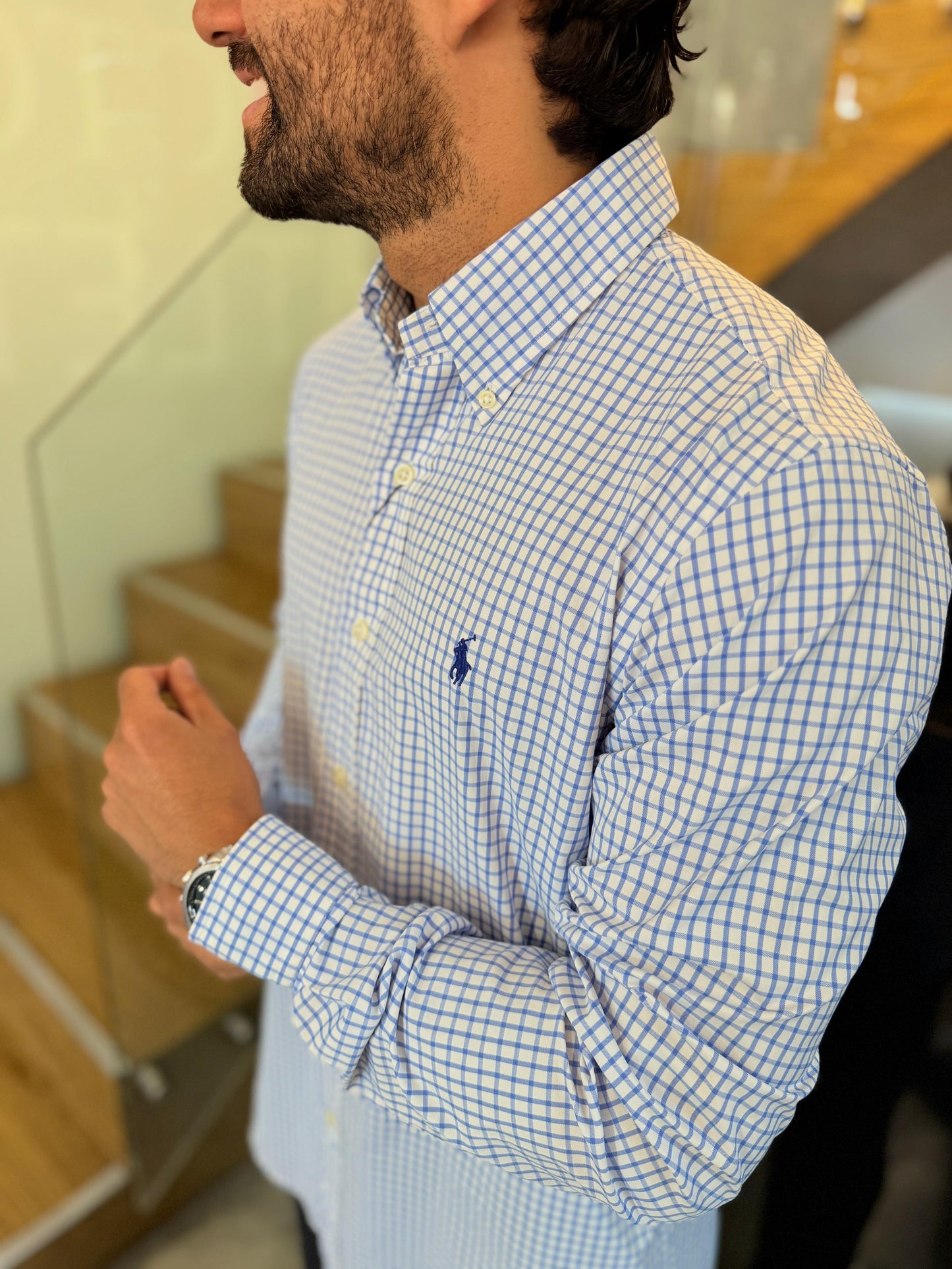 Camisa Polo R.L hombre Performance Cuadros Blancos Con Azul Caballo Azul