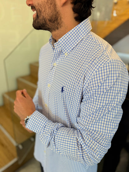 Camisa Polo R.L hombre Performance Cuadros Blancos Con Azul Caballo Azul
